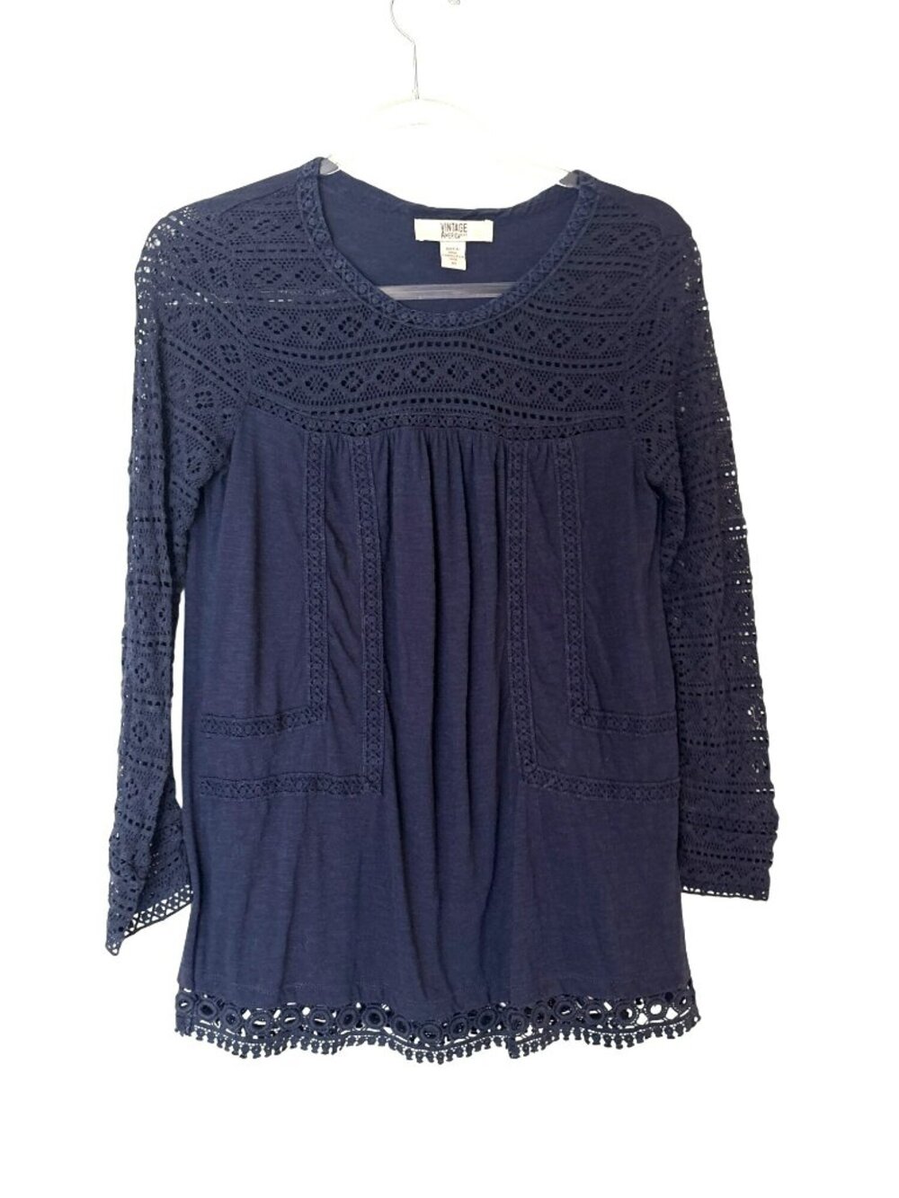 Vintage America Blues Navy Blue Crochet Lace Cotton Modal Blend Tunic Top XS